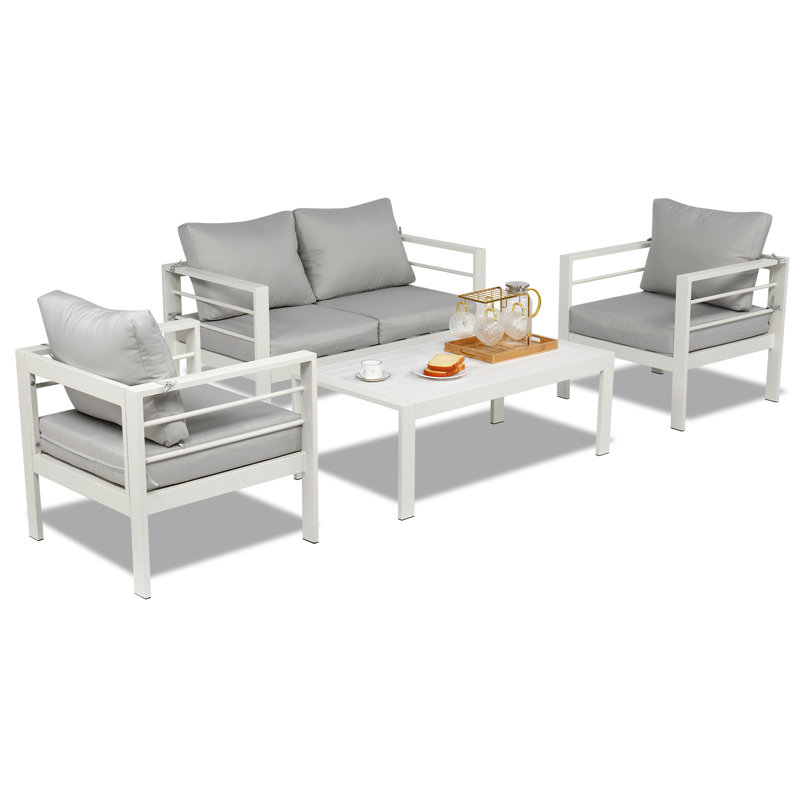 Berget 4 - Person Patio Conversation Set with Cushions, White Frame/Light Gray Cushion