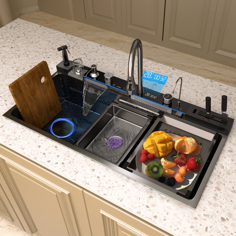 39.4 x 19.7 x 9 Inch Stainless Steel Kitchen Sink Single Bowl Left-side Drainage Integrated Digital Display Waterfall Faucet Multifunction Sink Dishwashing Basin