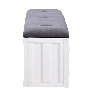 Banc de rangement gris et blanc avec revêtement intérieur confortable et spacieux