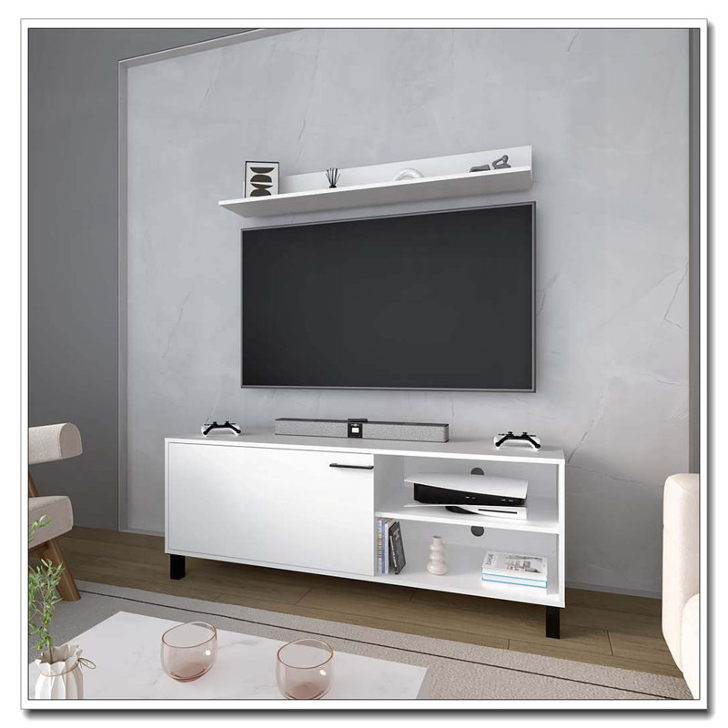 Meuble télé blanc avec rangement ouvert en mélamine