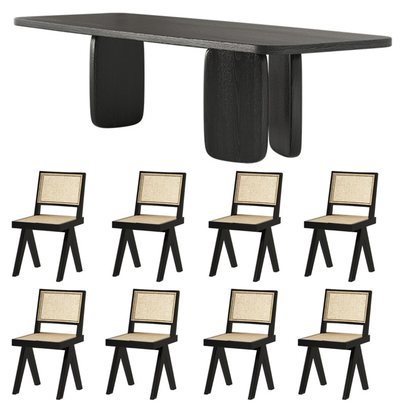 Ensemble de table de salle à manger en bois de frêne noir, H 29,53 po x L 78,74 po x l 31,5 po, 9 pièces : table, 8 chaises
