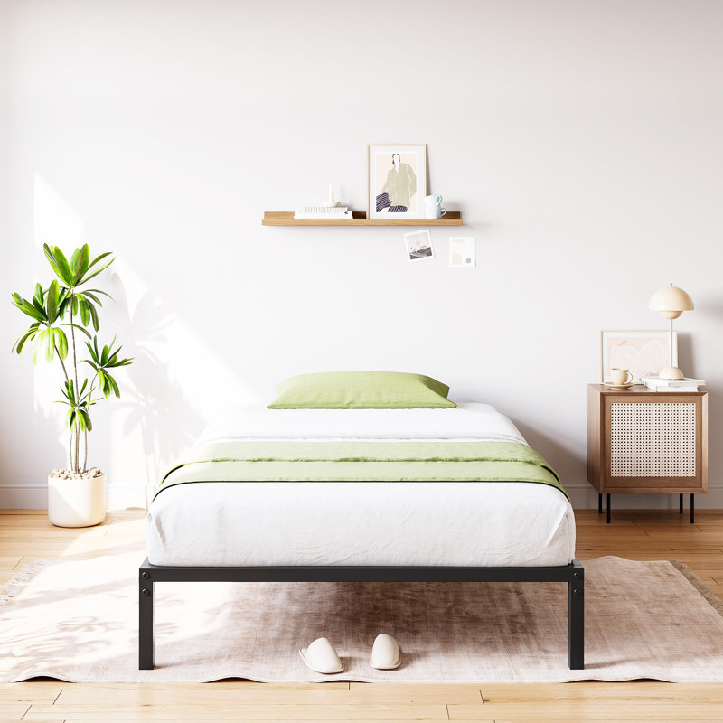 Bed Frame, Heavy Duty Metal Platform Bed w/ Strong Steel Slats, No Box Spring Needed, Low Profile Modern Design, Twin