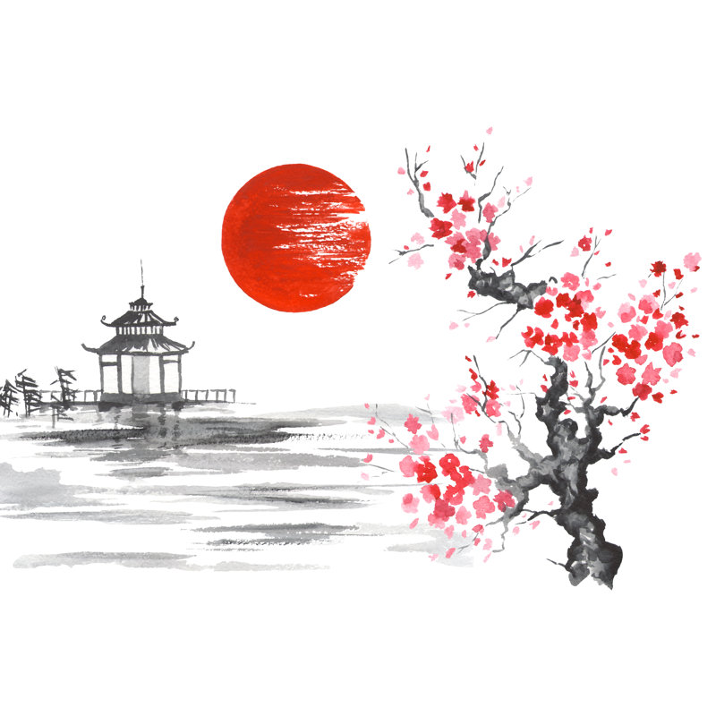 Sumi-E Sakura Sun Temple by Shootdiem - Wrapped Canvas Print, 30cm H x 46cm W x 3.8cm D