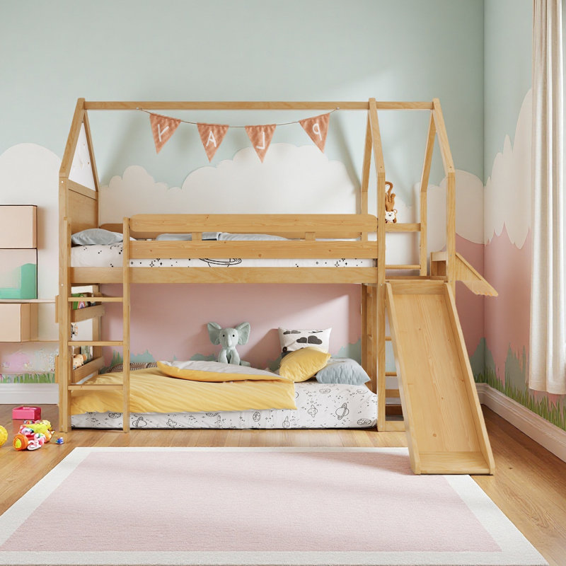 Lit mezzanine simple avec bibliothèque Design ludique pour enfants Structure en forme de maison avec glissières de sécurité de haute qualité