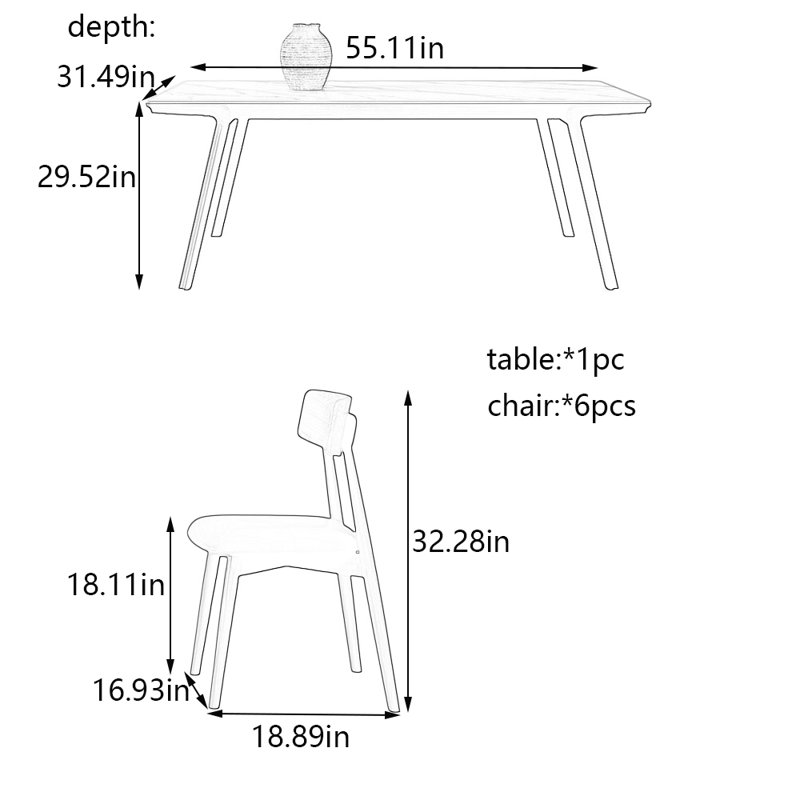 Ensemble de table et de chaises élégantes, H 29,52 po x L 55,11 po x l 31,49 po