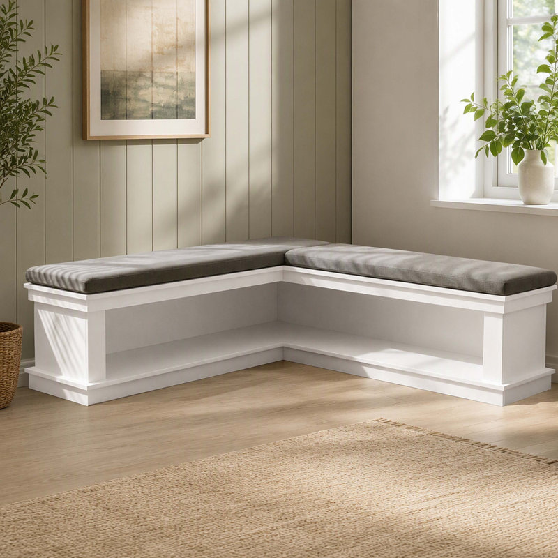 Banc de rangement rembourré en forme de L de 63 pouces, banc à chaussures d'entrée avec étagères ouvertes
