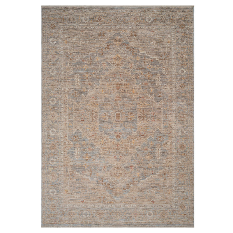 Tapis médaillon floral bleu et sable 9 pi x 12 pi avec frange