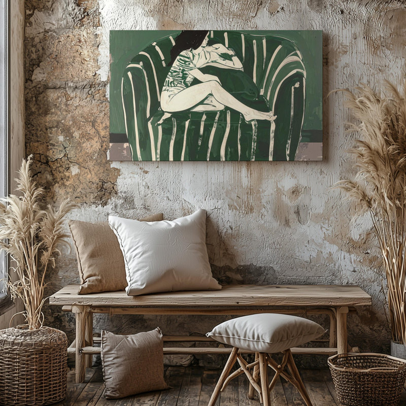 Art mural sur toile assise assise sereine figurative minimaliste vert et crème Silhouette prête à accrocher