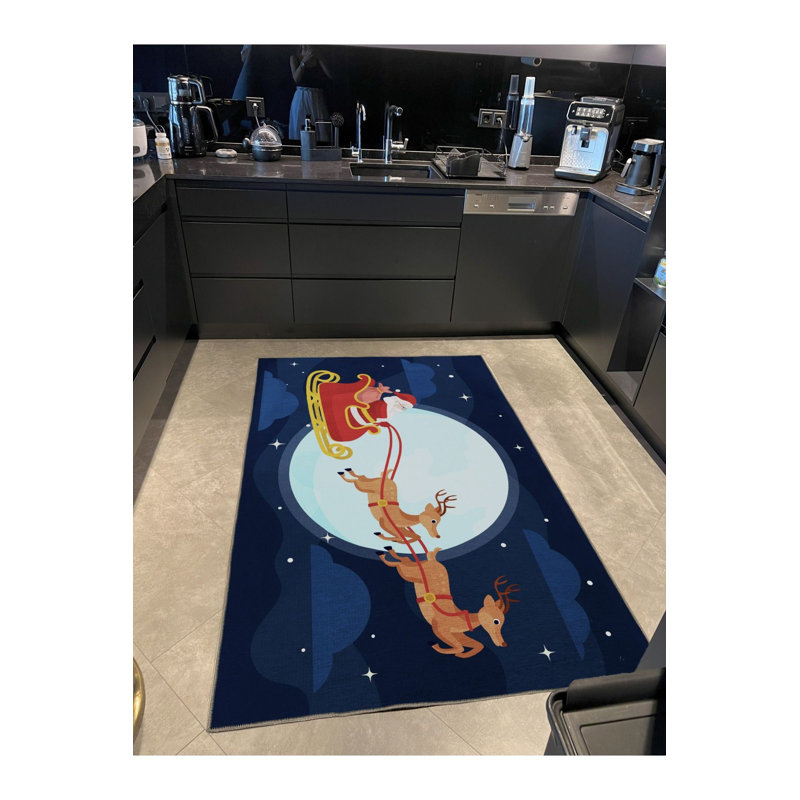 Tapis de Noël décoratif bleu, père Noël et renne, Rectangle 3 pi 3 po x 4 pi 11 po 