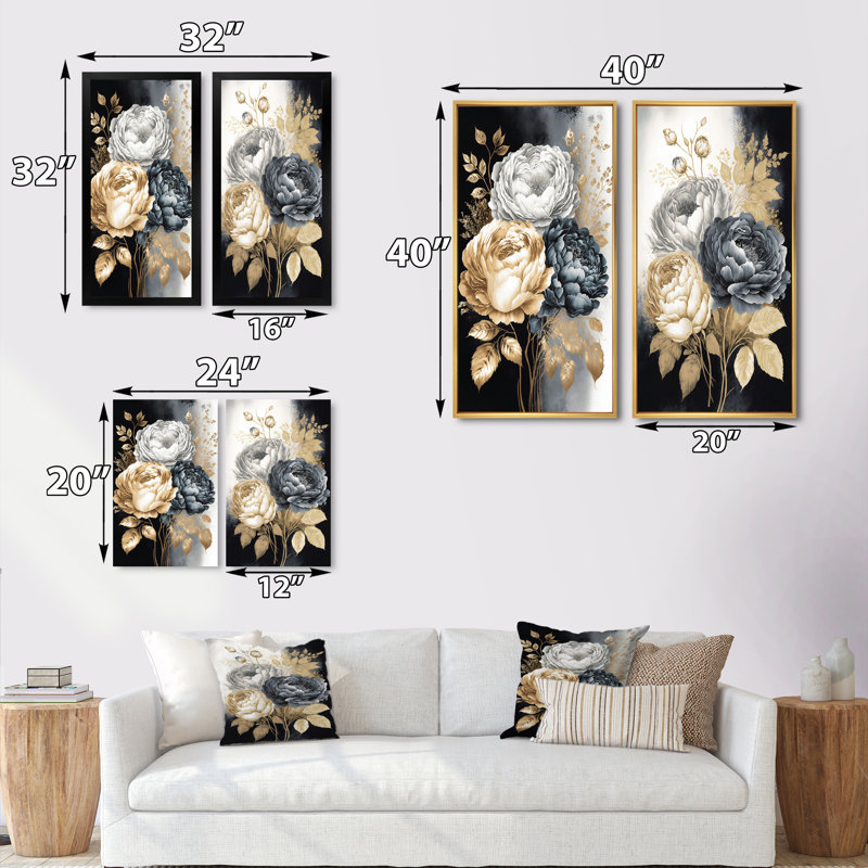 «Bouquet de roses blanches, dorées et noires», 2 pièces sur toile, Encadrement doré, H 32 po x l 32 po