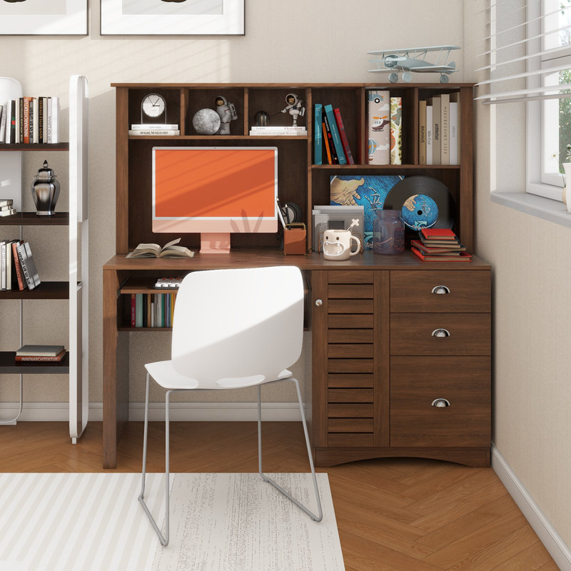 Home Office Computer Desk With Hutch, Walnut