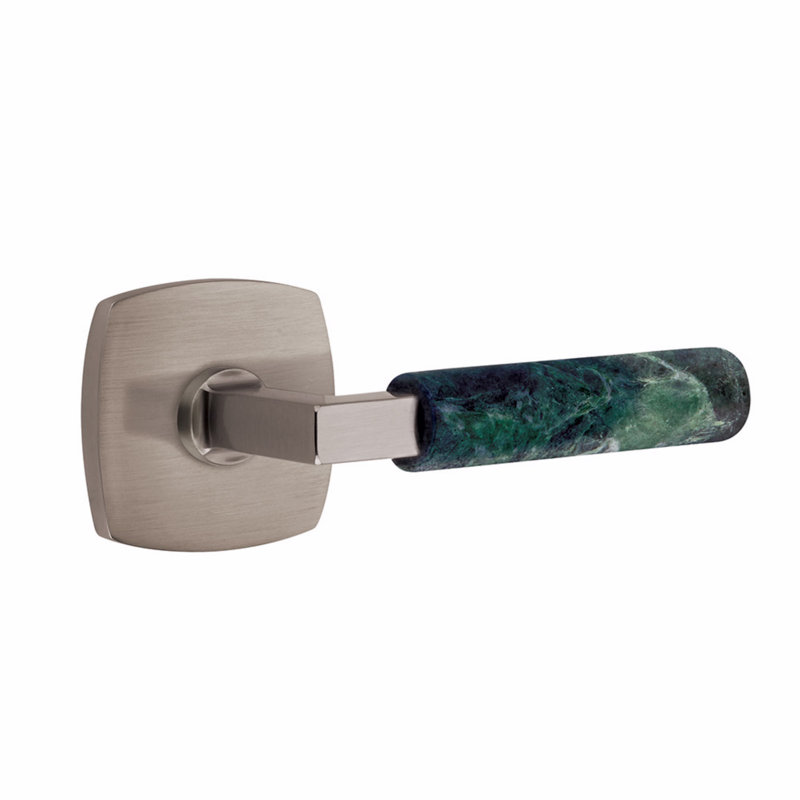 Ensemble de leviers de passage Emtek Select, rosette Urban Modern, tige carrée en L, poignée en marbre vert, CF, Étain