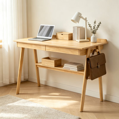 Solid Wood Writing Desk, Home Office Desk for Small Spaces, Mid Century Modern Desks with 2 Drawers & Storage Shelf, Standing Desk with Side Hooks for