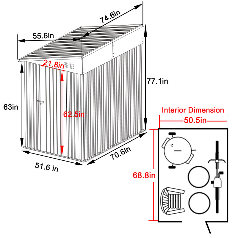 Metal Lean-to Storage Shed Multiple Sizes, 6.4' H x 4.3' W x 6' D