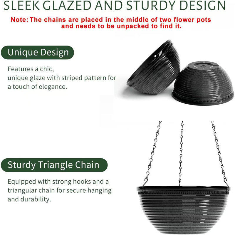 2-pack 10" Hanging Planters With Drainage Hole & Plug Black