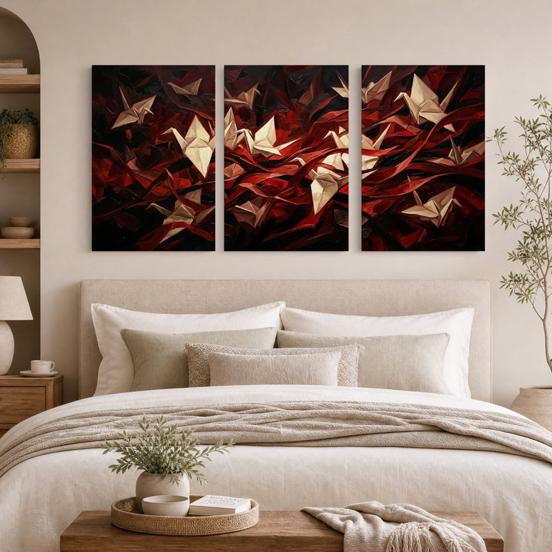 Grues en origami blanches sur fond rouge abstrait - Ensemble de 3 toiles murales, H 24 po x l 16 po x 3 pièces
