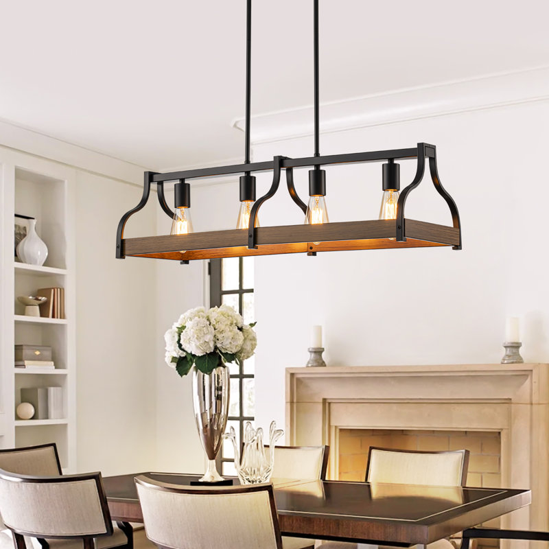 Deizel 4-Light Farmhouse Kitchen Island Light, Black and Wood Grain