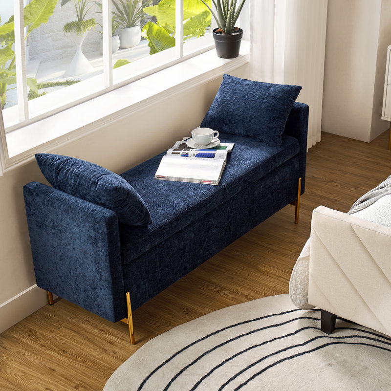 Louvenia 127cm Upholstered Flip Top Bench With Subdivided Storage and Toss Pillows, Navy