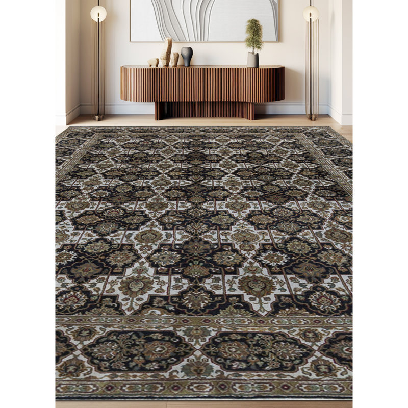 Lamani Wool Oriental Area Rug in Ivory/Black/Green