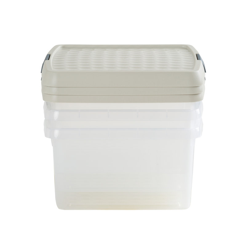 Wham Clip 9L Square Plastic Storage Boxes with Secure Clip Lock Lids. L:29 x W:29 x H:15.5cm Clear/Stone/Slate Grey, Grey