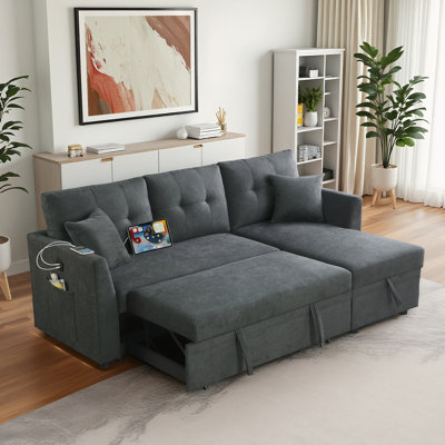 81'5" Convertible Sleeper Sectional Sofa With Pull-Out Bed with USB and Side Pockets