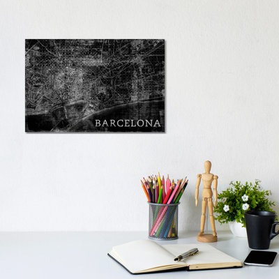 Map Barcelona, Vintage In Black by PI Studio - Wrapped Canvas Panoramic Print