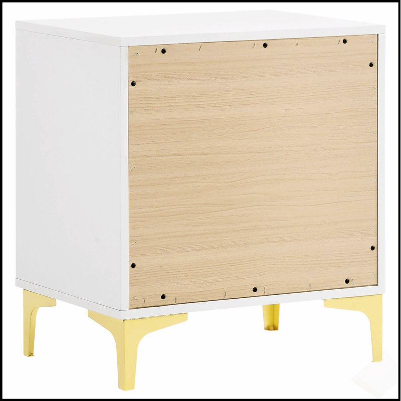 Table de chevet 2 tiroirs Lush White and Gold, espace de rangement spacieux pour les chambres modernes et élégantes