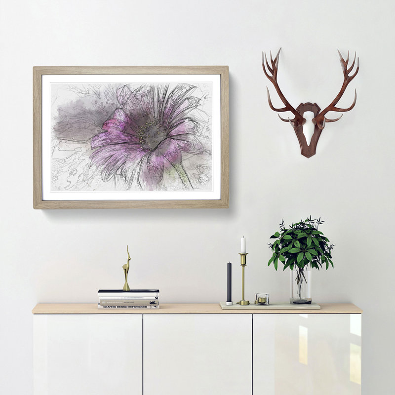 Purple Daisy Sketch - Picture Frame Graphic Art Print, Oak Framed, 40cm H x 60cm W x 2cm D