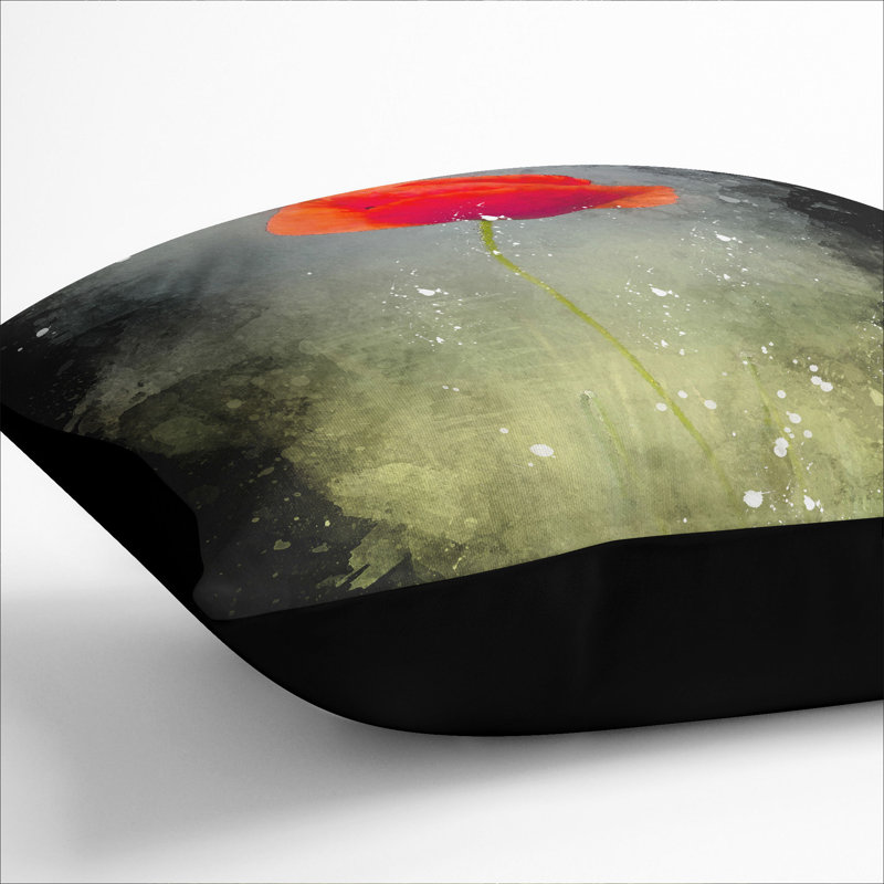 The Lone Poppy Flower Paint Splash Square Throw Cushion, Black, 55cm H x 55cm W x 20cm D