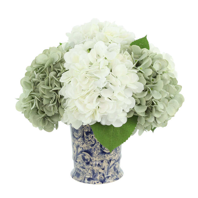 Hydrangea Arrangment In A Chinoiserie Vase, Seafoam Green/White
