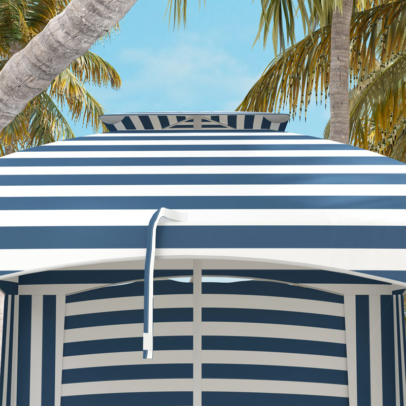 Parasol de plage avec tissu, 5,8 pi x 5,8 pi, rayure bleu blanc ventilé, auvent portatif double couche 5,8 pi X, murs à volants, évents, sacs de sable, étui et rayures