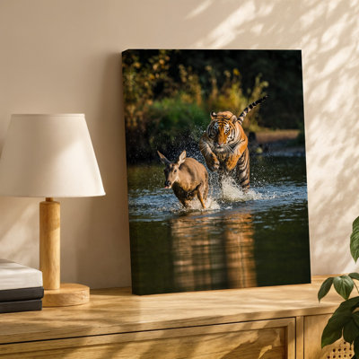 Canvas A Dynamic Scene Capturing A Powerful Tiger Leaping Through Shallow Wall Art Water Its Muscular Body Tense And Fur Glistening Canvas Wall Art