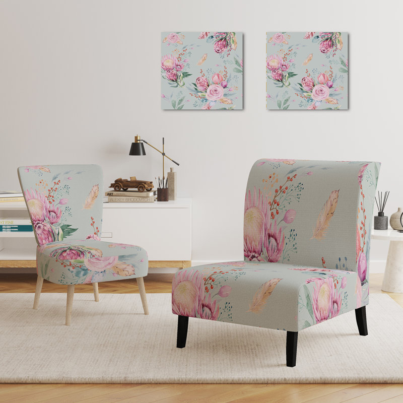 Accent Chair, Beige Floral Pattern Upholstered Decor - Beige Floral Pattern II, Light Green/Pink