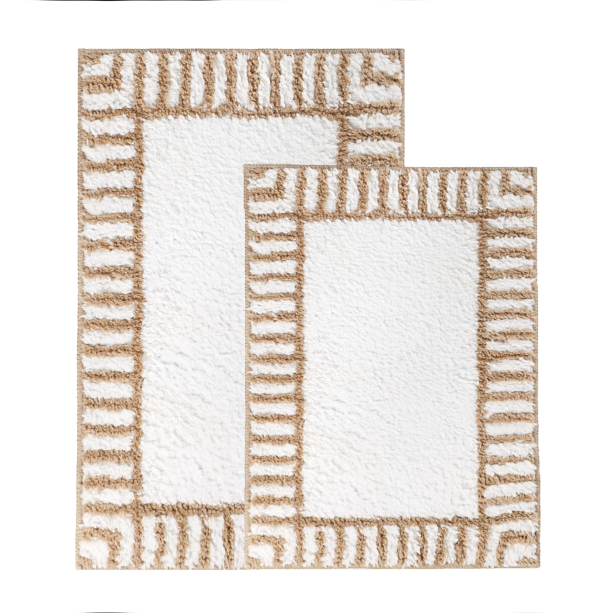 Inaya Modern Striped Plush Tufted Shag Machine Washable 2 Piece Bathroom Rug Set, White/Beige, LARGE- 2 Piece Set