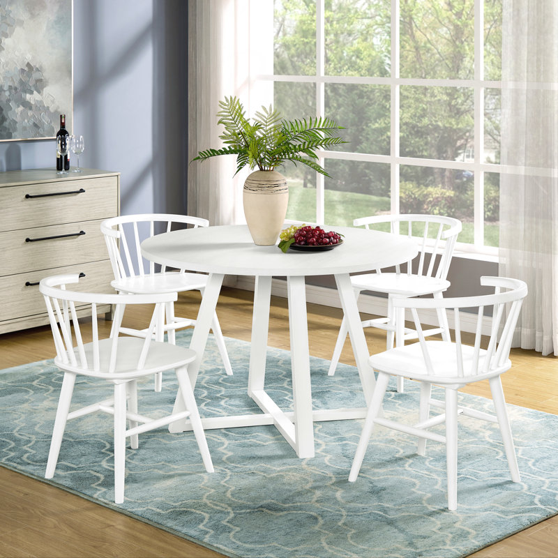 Ensemble de salle à manger 5 pièces en bois blanc avec table à tréteaux et 4 chaises Windsor