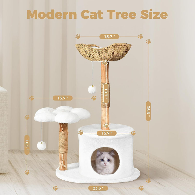Arbre à chat, tour d'arbre à chat en bois pour grands chats, condo pour chat de luxe avec poteaux à griffer et plateformes à fleurs, mobilier pour chat, blanc