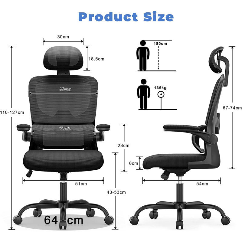 Motonobu Ergonomic Office Chair with Mesh Lumbar Support, Black, Black
