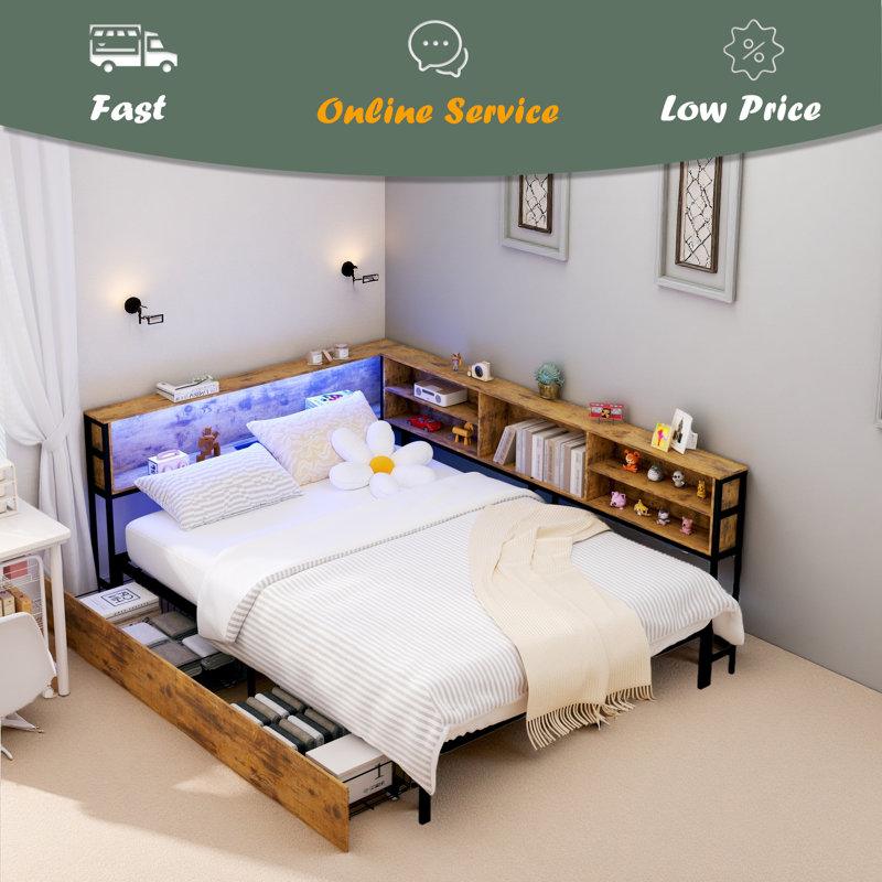 Corner Bed Frame With Storage Bookcase, Daybed With Storage Drawers Underneath, Kids Bed Unit With Charging Station And LED Light
