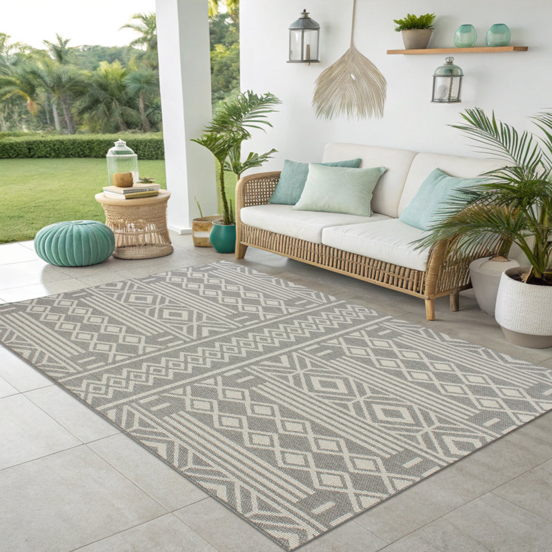 Tribal Geometric Weave Indoor Outdoor Rug, Lightweight & Portable 5x7 ft Patio Area Rug