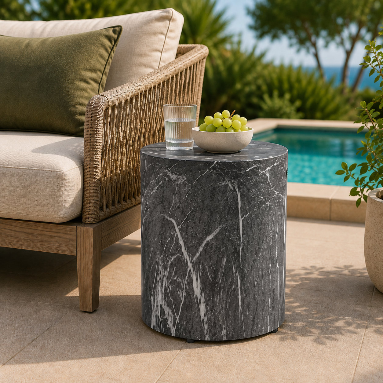 Sondra 16" Patio Side Table, Dark Gray Marble