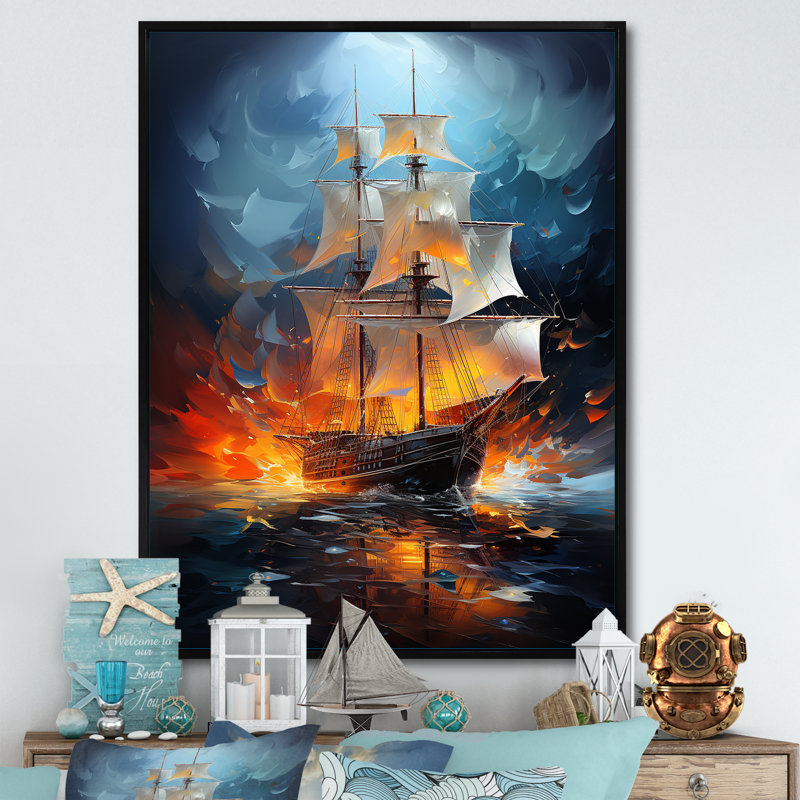 Venatici voilier abstrait symphonie maritime II, H 32 po x l 16 po x P 1 po, Cadre flottant noir