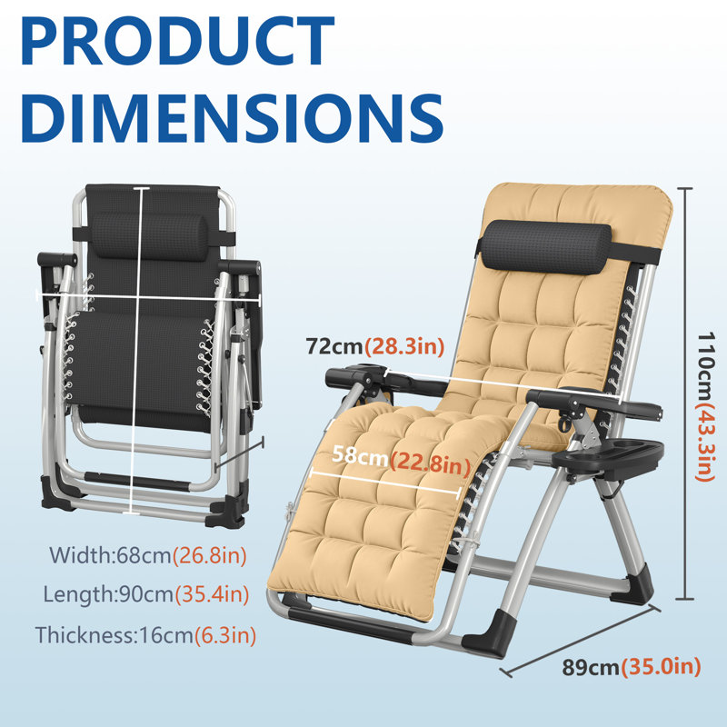 1 Pack Sun Loungers for Garden Heavy Duty Zero Gravity Chairs Padded Folding Deck Recliner 90-170° with Pillow, Cup Holder & Side Pocket Textilene Steel Frame 150kg Capacity