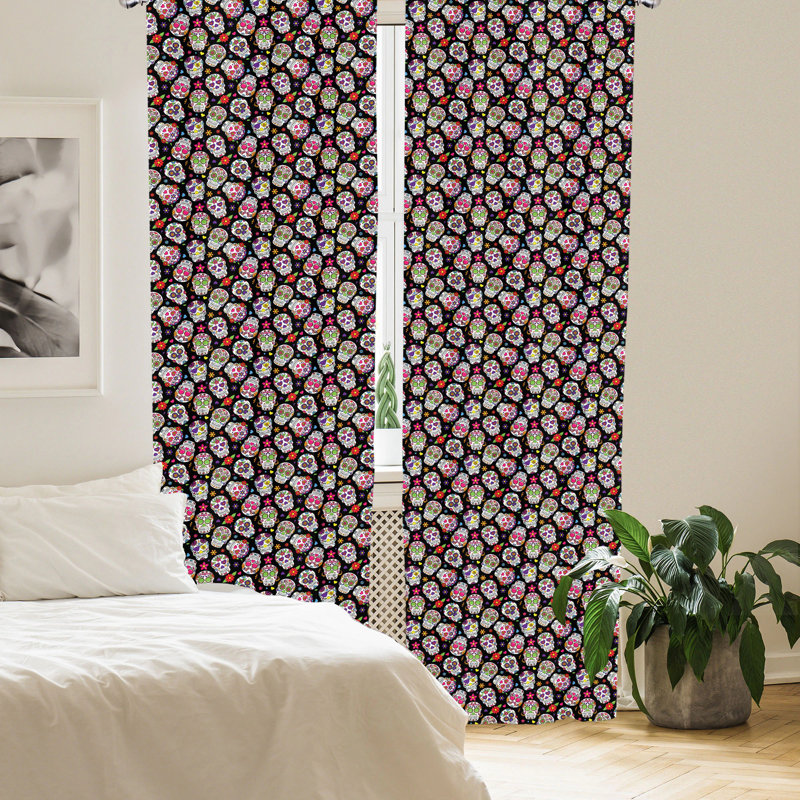 Ambesonne Sugar Skull Floral Semi-Sheer Rod Pocket Curtain Panels (Set of 2)