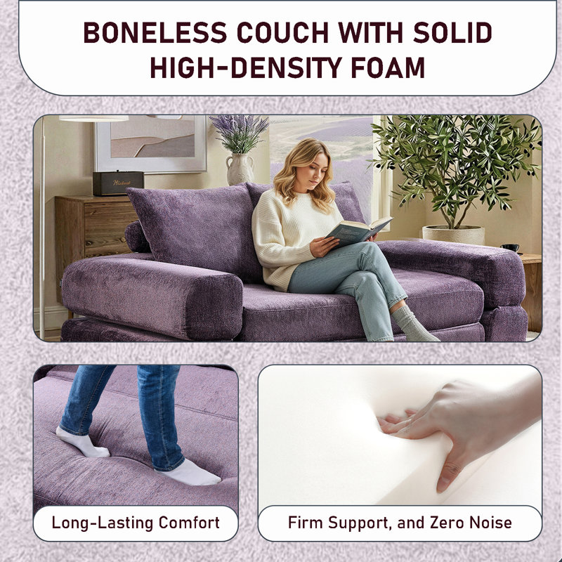 Frameless Boneless Loveseat Sofa‑Bed Split‑Back Convertible Queen‑Size Sleeper Compressed Chenille Foam Couch No Assembly
