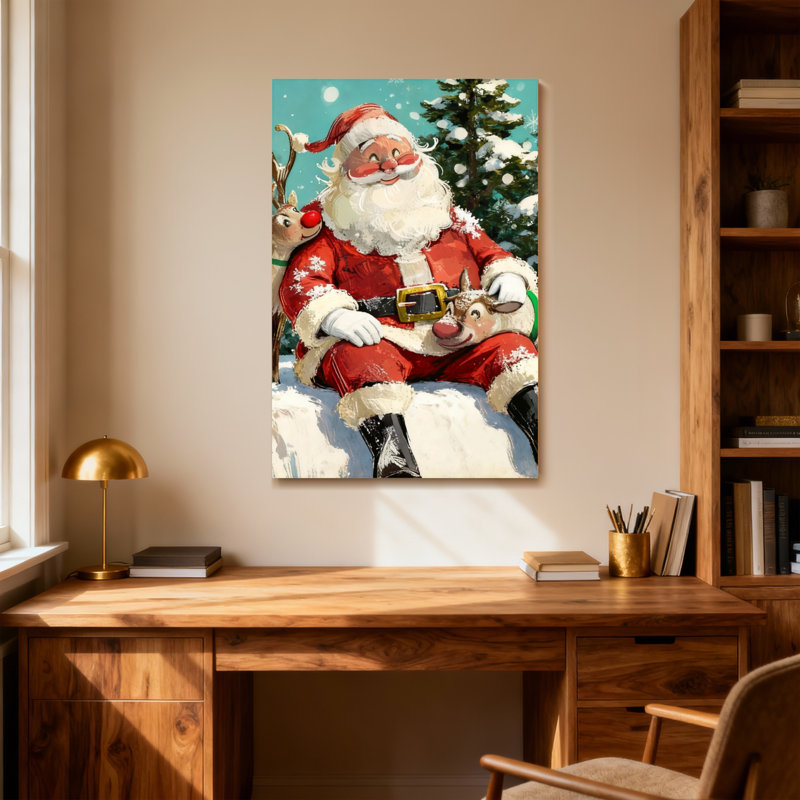 Noël père Noël avec renne dans la forêt enneigée