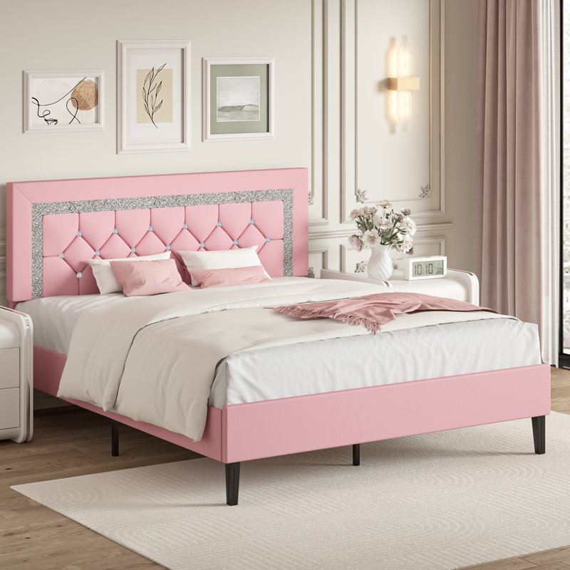 Base de lit avec tête de lit capitonnée Alber, Double, Rose