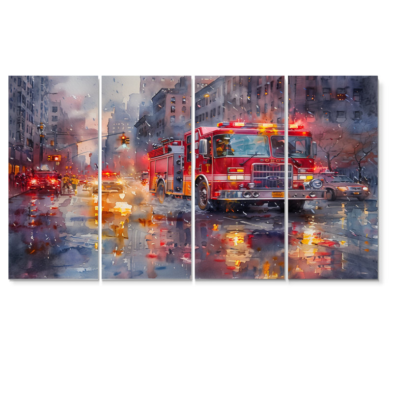 Camion de pompier rouge à New York I - ensemble d'art mural pompier, H 28 po x l 48 po