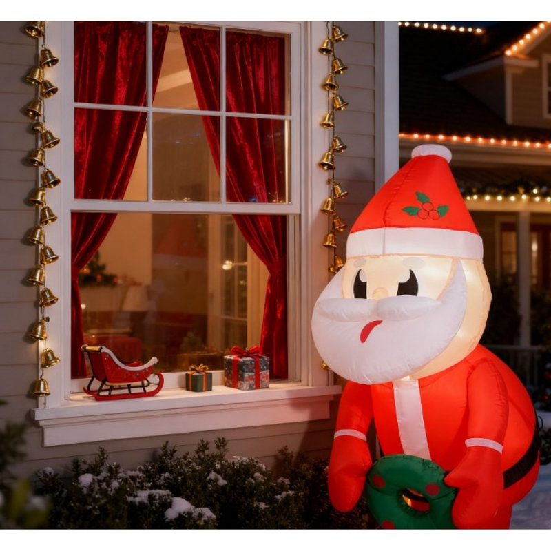 Père Noël gonflable tenant une guirlande de lumières DEL, présentoir suspendu d'extérieur
