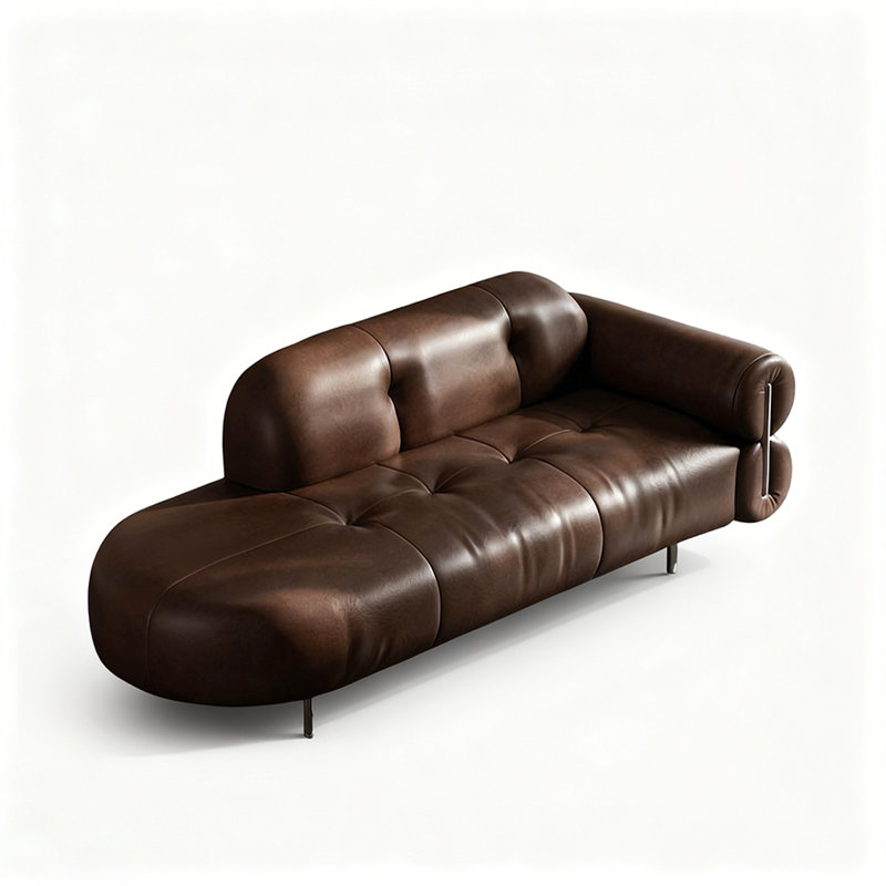 Chaise longue de style italien en bois massif, cuir et métal pour chambre et salon, Face à la droite, Brun