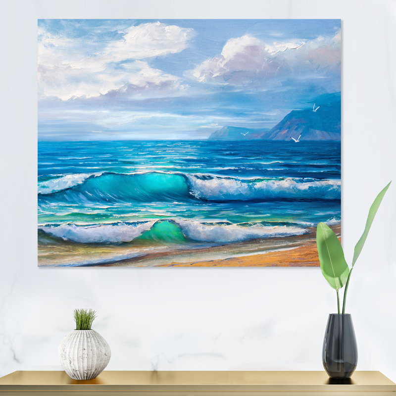 Lumière reflétant les vagues de la mer sur le rivage - peinture sur toile, H 24 po x l 32 po, Toile tendue